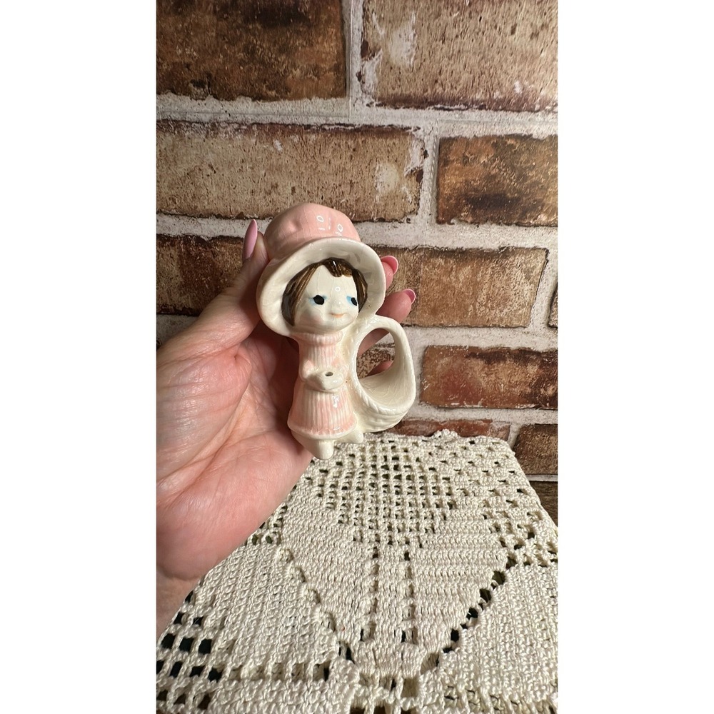 Vintage Hand Painted by Kiln Kaper Ceramics Pink Ceramic Girl Figurine Holder 4"
